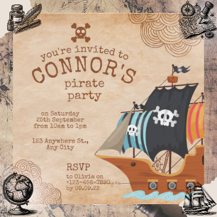 Invitación Fiesta de cumpleaños de pirata rústico con barco v