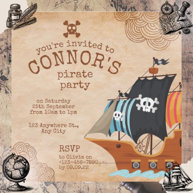 Invitación Fiesta de cumpleaños de pirata rústico con barco v (Subido por el creador)