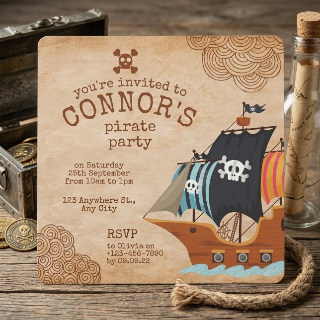 Invitación Fiesta de cumpleaños de pirata rústico con barco v (Subido por el creador)