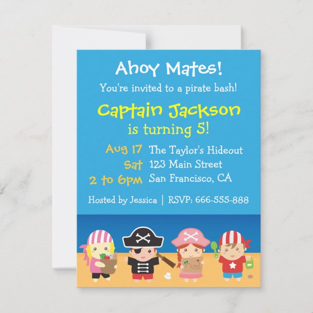 Invitación Fiesta de Cumpleaños de Piratas Lindos para Niños  (Anverso)