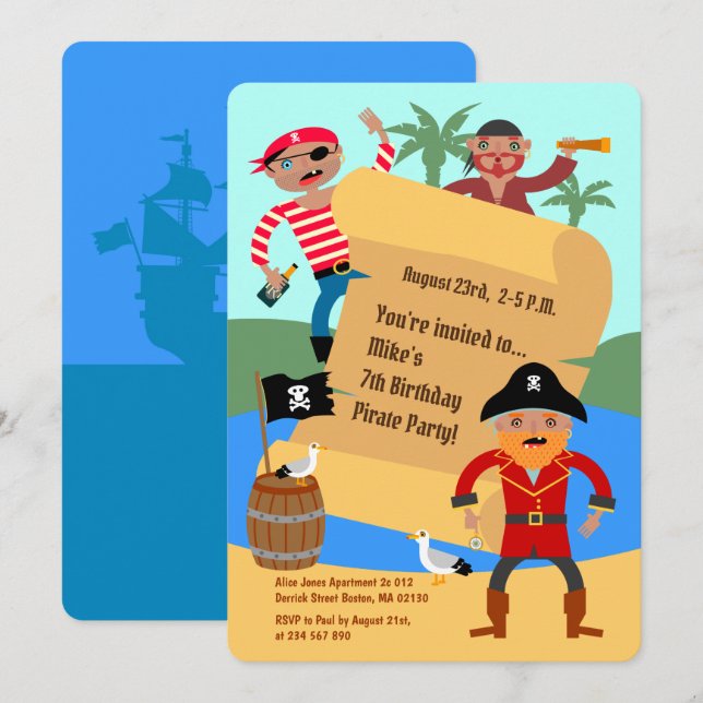 Invitación Fiesta de cumpleaños de piratas y mapa del tesoro (Anverso / Reverso)