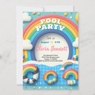 Invitación Fiesta de Cumpleaños de Piscina de Arcoíris Editab