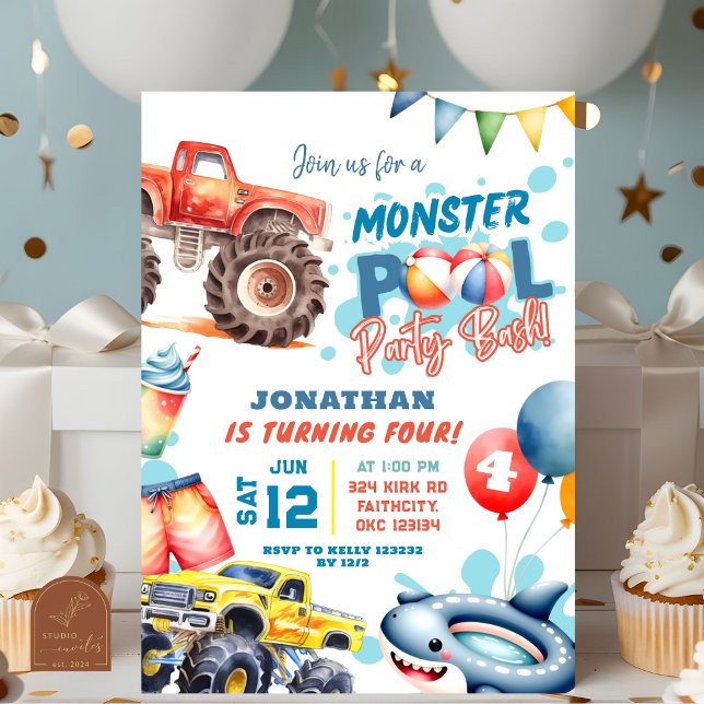 Invitación Fiesta de cumpleaños de piscina de camiones monstr (Subido por el creador)