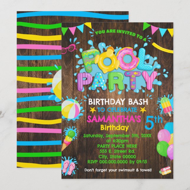 Invitación Fiesta de cumpleaños de Piscina Rosa Fiesta de Pat (Anverso / Reverso)