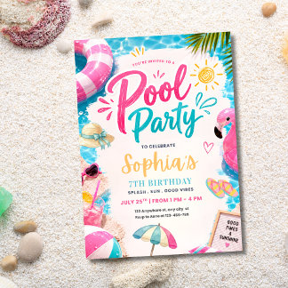 Invitación Fiesta de Cumpleaños de Piscina Tropical de Flamen