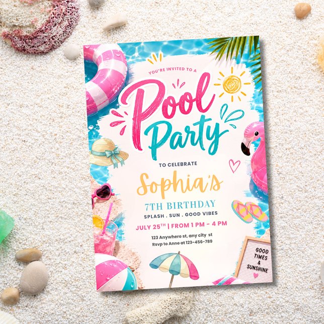 Invitación Fiesta de Cumpleaños de Piscina Tropical de Flamen (Subido por el creador)