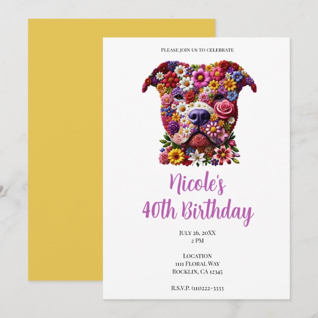 Invitación Fiesta de cumpleaños de Pit Bull Flower Face Dog L (Anverso / Reverso)