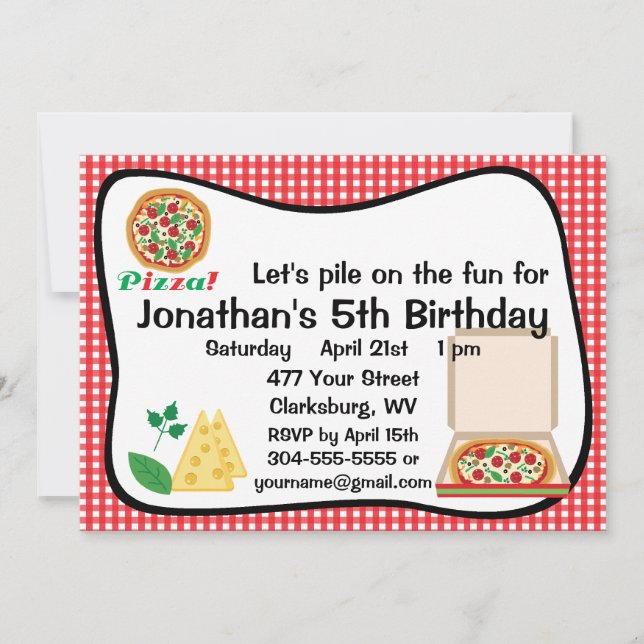 Invitación Fiesta de cumpleaños de Pizza (Anverso)