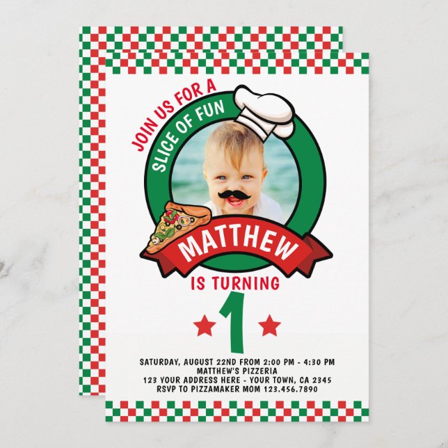 Invitación Fiesta de cumpleaños de Pizza (Anverso / Reverso)