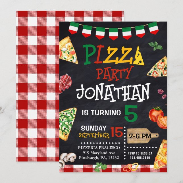 Invitación Fiesta de cumpleaños de Pizza (Anverso / Reverso)