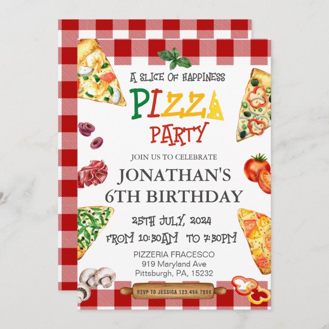 Invitación Fiesta de cumpleaños de Pizza (Anverso / Reverso)