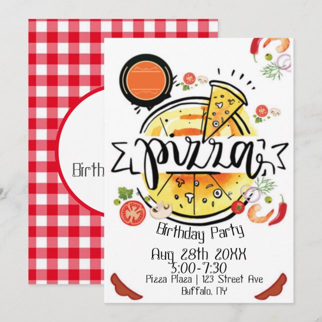 Invitación Fiesta de cumpleaños de Pizza (Anverso / Reverso)