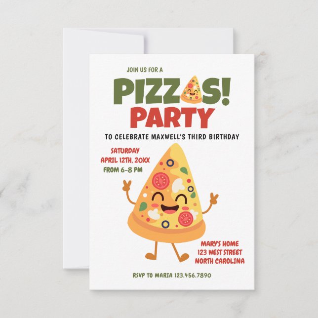 Invitación Fiesta de Cumpleaños de Pizza Adorable  (Anverso)