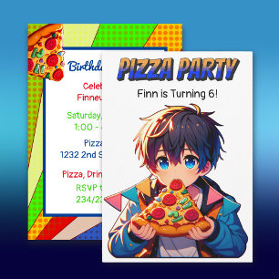 Invitación Fiesta de cumpleaños de Pizza   Anime Boy con pizz