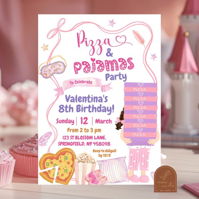 Invitación Fiesta de Cumpleaños de Pizza con Lazo Rosa y Pija (Subido por el creador)