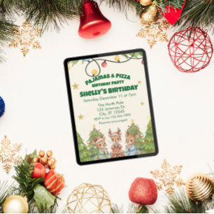 Invitación Fiesta de cumpleaños de pizza de pijama navideño,