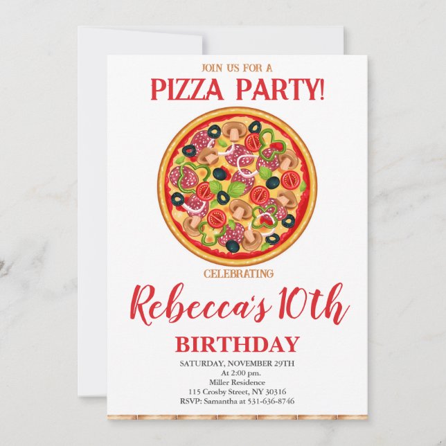 Invitación Fiesta de cumpleaños de Pizza, Fiesta de pizza de  (Anverso)