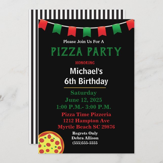 Invitación Fiesta de Cumpleaños de Pizza para Niños (Anverso / Reverso)