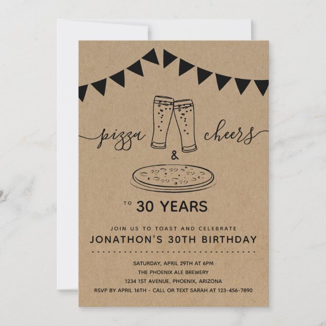 Invitación Fiesta de cumpleaños de pizza, vítores y cervezas  (Anverso)