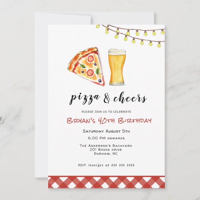 Invitación Fiesta de cumpleaños de pizza y cerveza (Anverso)