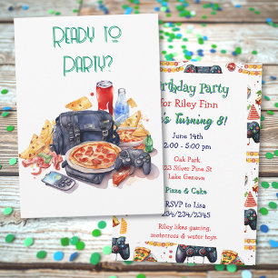 Invitación Fiesta de cumpleaños de Pizza y Gaming Boy