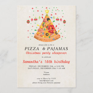 Invitación Fiesta de Cumpleaños de Pizza y Pijamas de Navidad