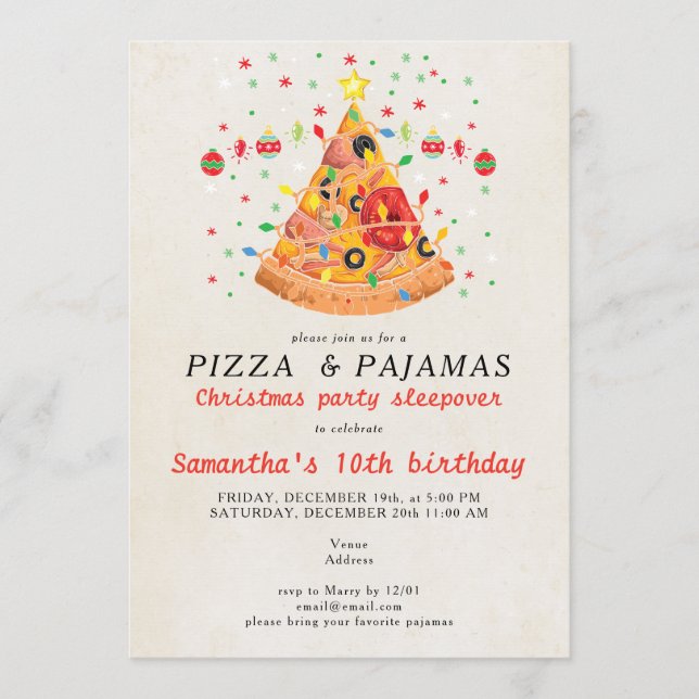 Invitación Fiesta de Cumpleaños de Pizza y Pijamas de Navidad (Anverso)