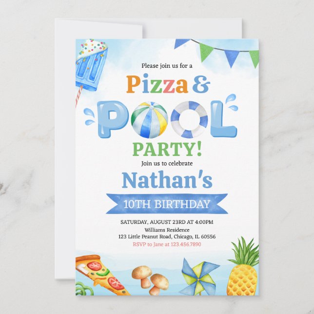 Invitación Fiesta de Cumpleaños de Pizza y Piscina (Anverso)