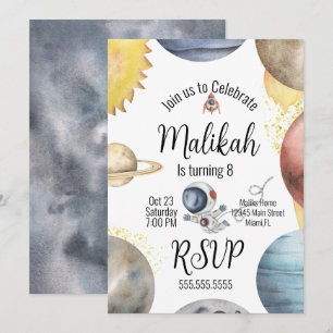 Invitación Fiesta de Cumpleaños de Planetas Galaxia Acuarela