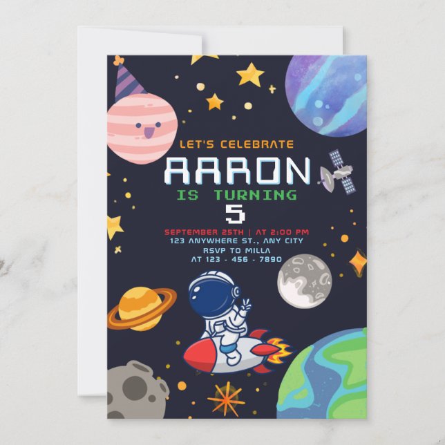 Invitación Fiesta de Cumpleaños De Planetas Y Estrellas (Anverso)