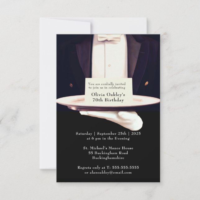 Invitación Fiesta de cumpleaños de Plata Butler Real (NT) (Anverso)