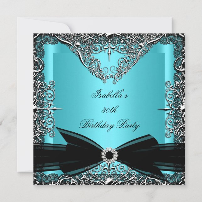 Invitación Fiesta de cumpleaños de plata de diamante azul neg (Anverso)