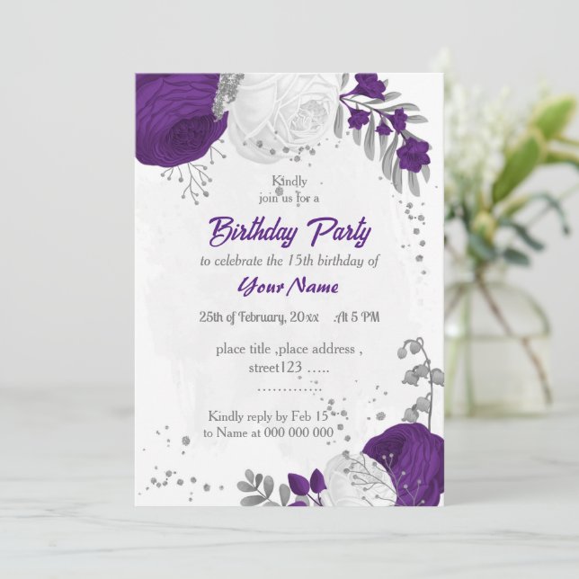 Invitación fiesta de cumpleaños de plata de flores reales mor (Anverso de pie)
