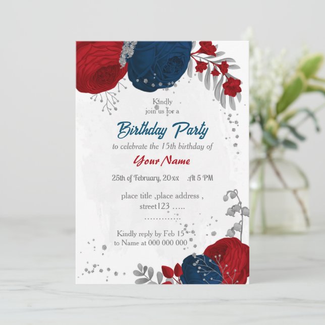 Invitación fiesta de cumpleaños de plata de flores rojas y az (Anverso de pie)