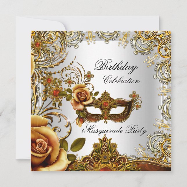 Invitación Fiesta de cumpleaños de plata Masquerade Gold Mask (Anverso)