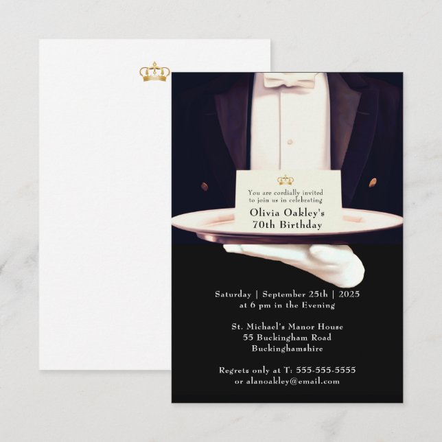 Invitación Fiesta de cumpleaños de Plata Plata Butler Real (Anverso / Reverso)