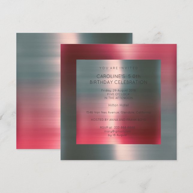 Invitación Fiesta de cumpleaños de plata roja rosada metálica (Anverso / Reverso)