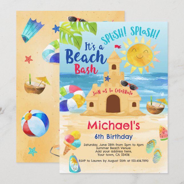 Invitación Fiesta de cumpleaños de playa (Anverso / Reverso)