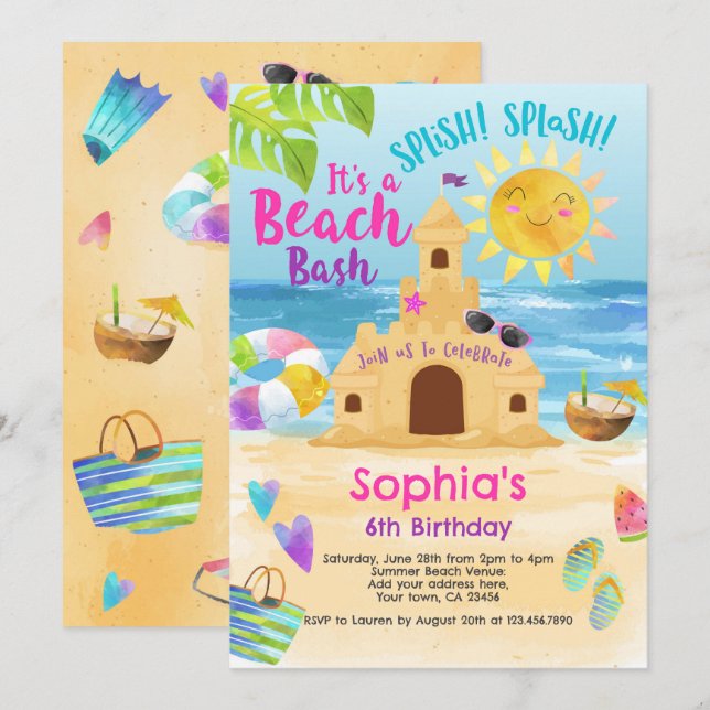 Invitación Fiesta de cumpleaños de playa (Anverso / Reverso)