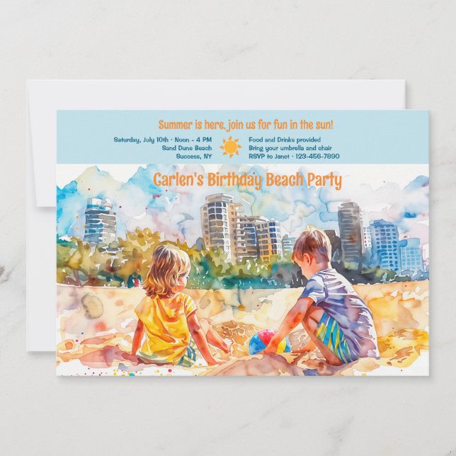 Invitación Fiesta de cumpleaños de playa (Anverso)