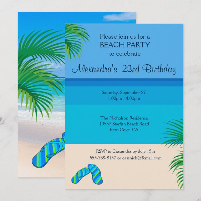 Invitación Fiesta de cumpleaños de playa tropical y tiendas d (Anverso / Reverso)