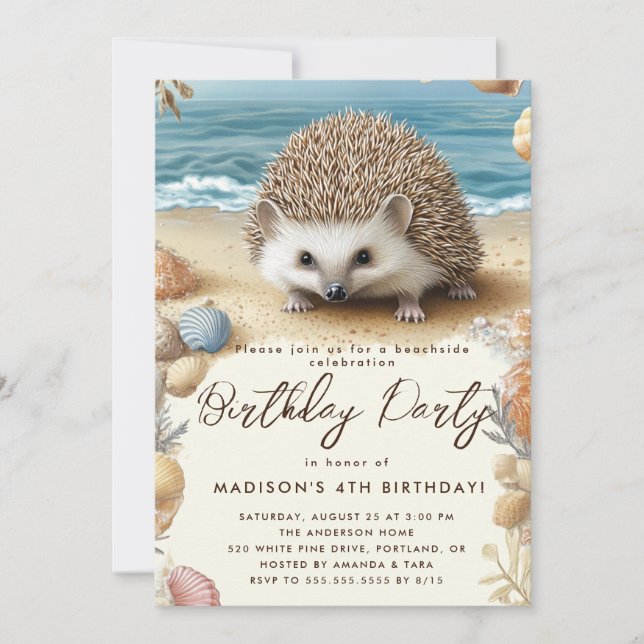 Invitación fiesta de cumpleaños de playa y hedgehog (Anverso)