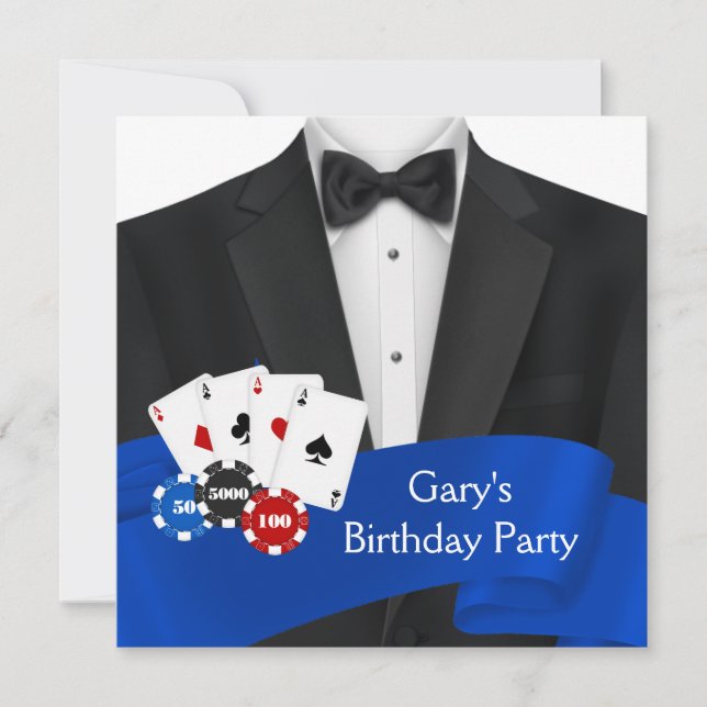 Invitación Fiesta de Cumpleaños de Poker con Esmoquin Negro (Anverso)