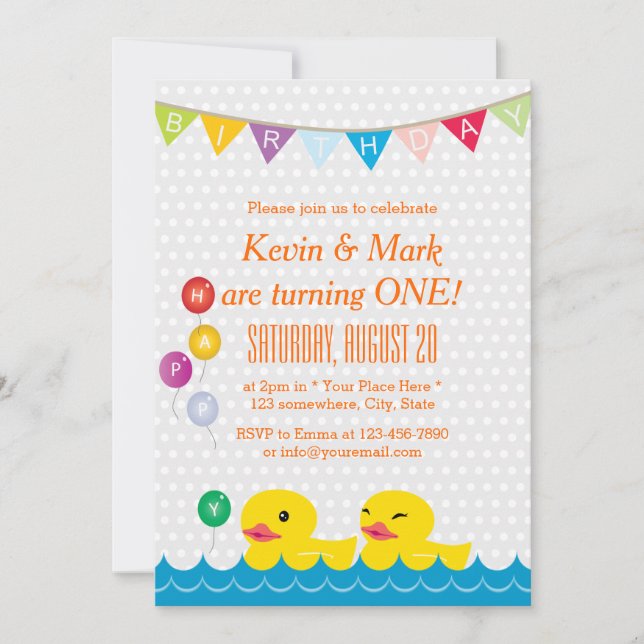 Invitación Fiesta de cumpleaños de Polka Dot Cute Duck (Anverso)