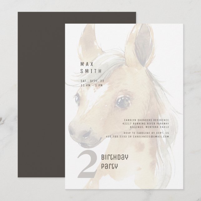 Invitación Fiesta de cumpleaños de pony acuarela 2 años (Anverso / Reverso)