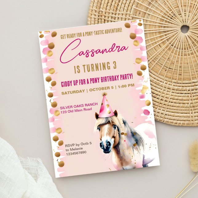 Invitación Fiesta de cumpleaños de Pony adorables rociadores  (Pony birthday party template invitation digital download cute pony horse wearing party hat gold pink)
