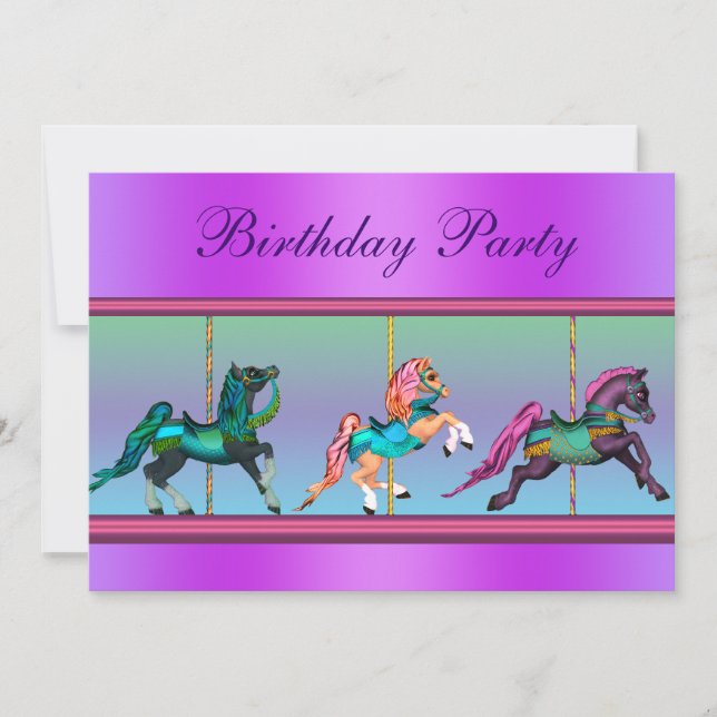 Invitación Fiesta de cumpleaños de pony en carrusel rosa y pú (Anverso)
