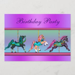 Invitación Fiesta de cumpleaños de pony en carrusel rosa y pú