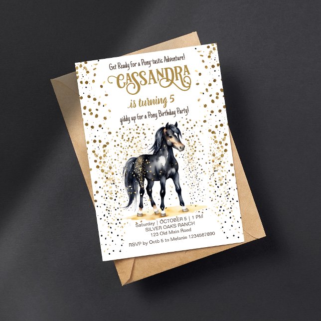 Invitación Fiesta de cumpleaños de Pony oro de caballo negro  (Pony horses birthday party editable template invitation digital download black horse gold sprinkles)