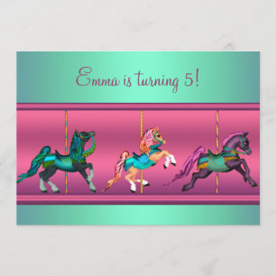 Invitación Fiesta de Cumpleaños de Pony Tiovivo Rosa y Turque